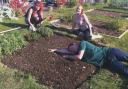 Students ‘take 5’ after clearing a weedy bed ready now for planting flowers, pumpkins and rhubarb.