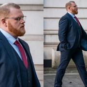 Pc Jack Beadle, 26, arriving at Westminster Magistrates' Court in London, where they are charged with assaulting a 17-year-old boy in Tooting, London, on April 2