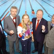 Top Paralympic swimmer Susie Rodgers at Charlton Lido's relaunch, pictured middle with L-R Managing director of GLL Mark Sezans, David Golton of London Marathon Charitable trust,  Cllr Peter Kotz and Cllr Jim Gillman.