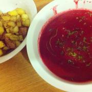 Celia's caramelised onion and beetroot soup with croutons