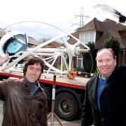 Merton Abbey Mills' Terry Buckland and Peter Wallder celebrate the arrival of the turbine last year