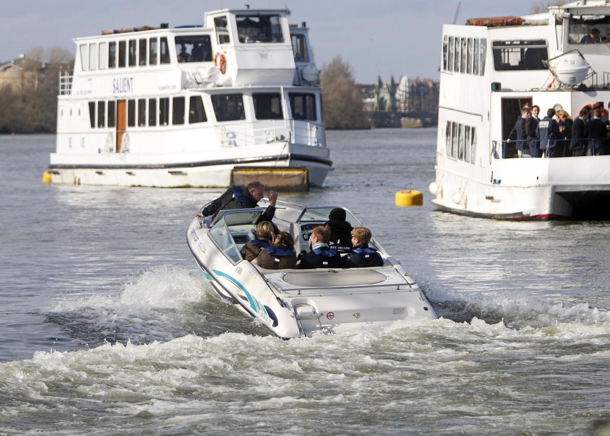 Claire Balding heads for the finish line from Putney via speedboat 