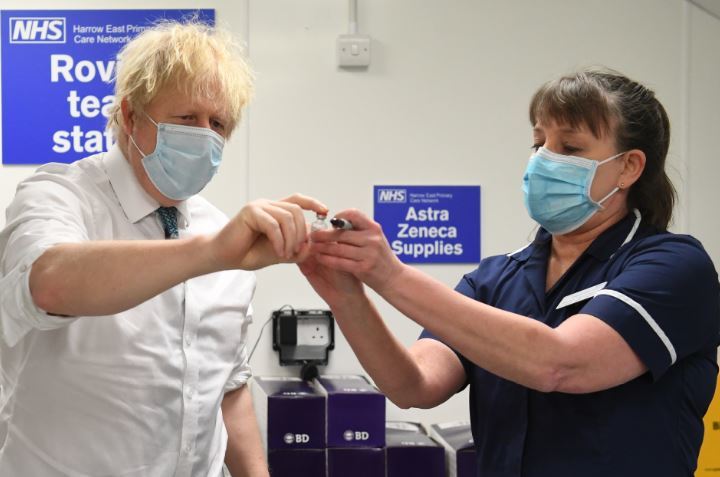 Prime Minister Boris Johnson pictured at the Covid vaccination centre at Edgware, north London. Credit: PA