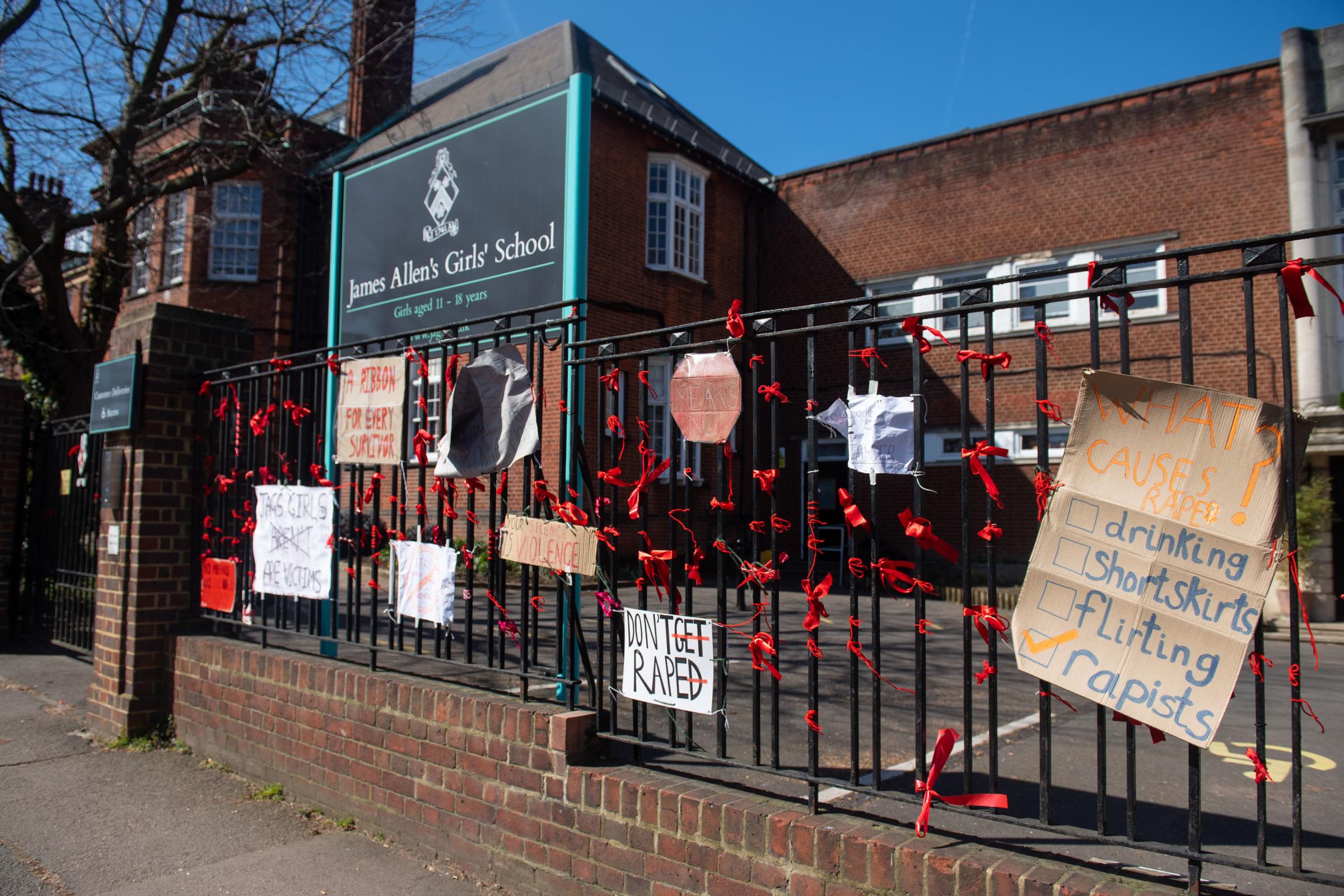 Signs outside James Allens Girls School, in south east London, in the aftermath of allegations of rape culture at a number of other independent schools. Dominic Lipinski/PA Wire 