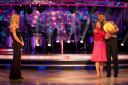 For use in UK, Ireland or Benelux countries only ..BBC handout photo of Caroline Quentin with dance partner Johannes Radebe, watched by host Tess Daly,   after she became the latest celebrity to be voted off the BBC 1 dance programme, Strictly Come Dancin