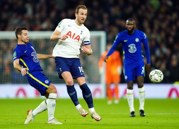 Wandsworth Times: Chelsea's Cesar Azpilicueta and Tottenham Hotspur's Harry Kane battle for the ball during the Carabao Cup Semi Final, second leg match at the Tottenham Hotspur Stadium, London.