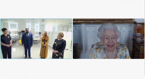 Wandsworth Times: Queen Elizabeth II speaking to Dr Marie Healey, Divisional Director for Surgery and Critical Care; Mr Asef and Mrs Shamina Hussain; and Jackie Sullivan during a video link call (PA)