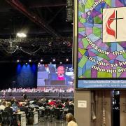 Michigan Bishop David Bard presides at a session of the General Conference of the United Methodist Church in Charlotte, North California (Peter Smith/AP)