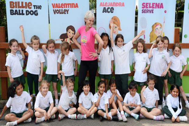 Doing it for the girls: Judy Murray and pupils from Surbiton Girls School                     Pictures: Rob Mullarkey