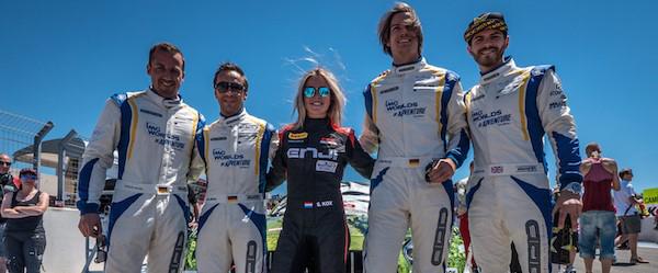 Podium: Tom Onslow-Cole, far right, with his SPS Automotive Performance team-mates in France