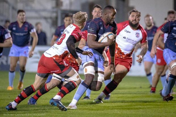 Namibian International Tjiuee Uanivi on the charge for London Scottish at Jersey Reds